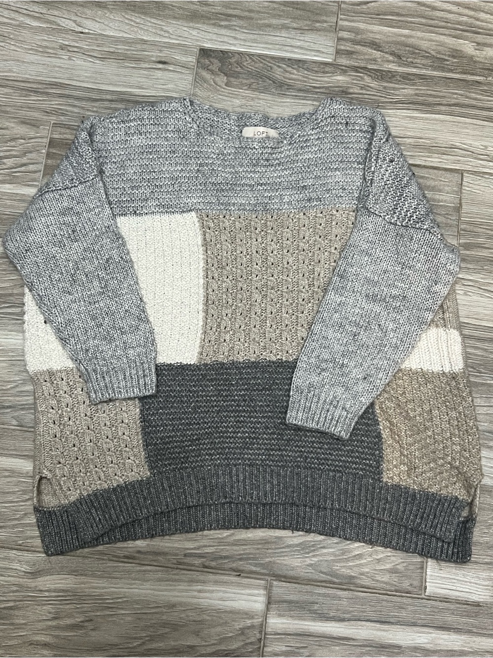 Oversized LOFT Colorblock Knit Sweater in Gray and Cream